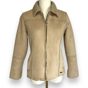 Y2K Point Zero Jacket Faux‎ Suede Shearling Trucker Aviator Beige Tan Medium